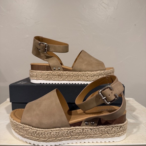 Soda Shoes - Soda Espadrille Platform Sandals Women 9 Taupe Like New Ankle Strap Wedge